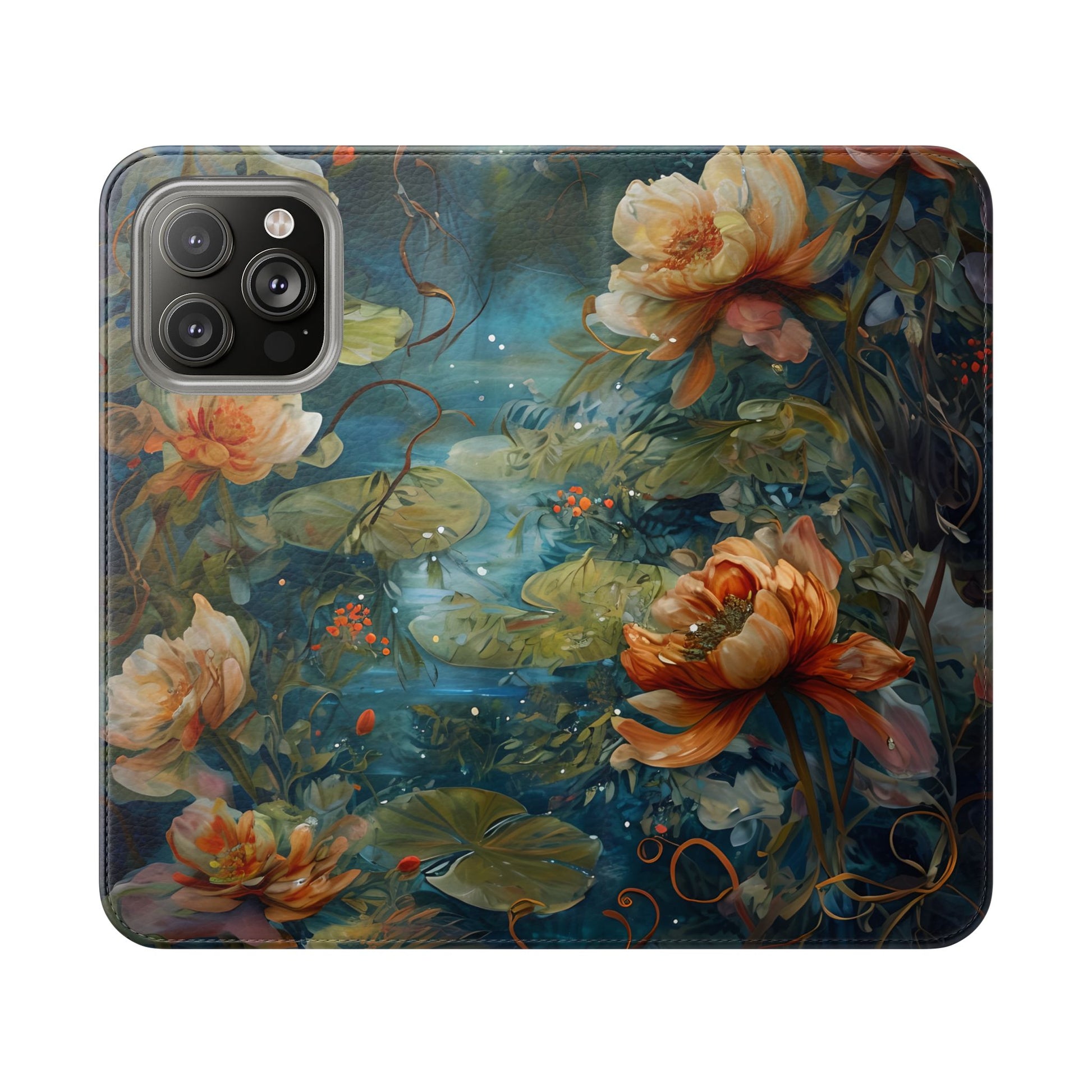 Waterlily Nocturne iPhone 14 Pro Max Wallet Case - Elegant Floral Flip Cover, Vintage Botanical Phone Folio