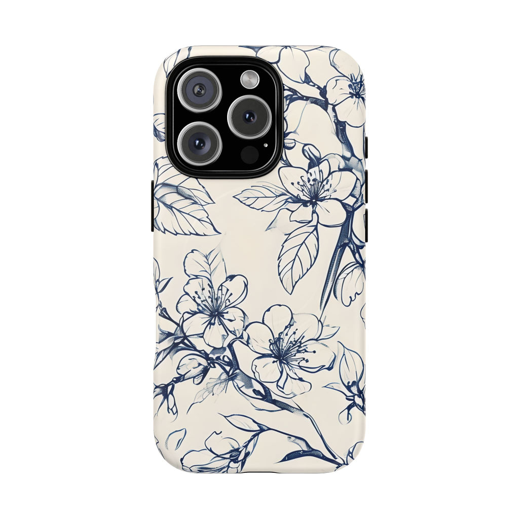 Blossom Sketch - Artistic Blue Floral - iPhone 16 Pro MagSafe Phone Case - Hand-Drawn Botanical Design
