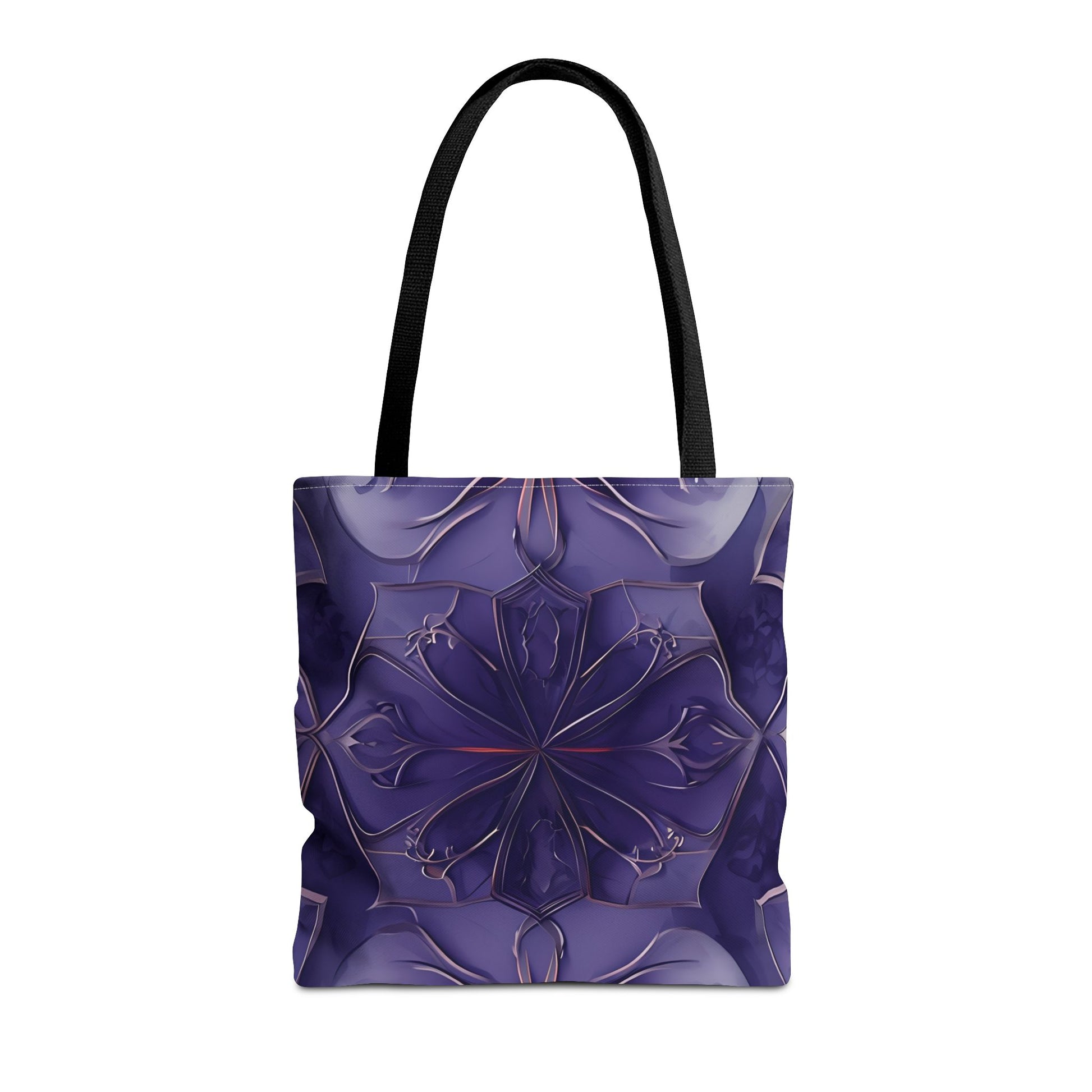 Violet Nebula canvas tote bag featuring deep purple abstract flower design with black handles