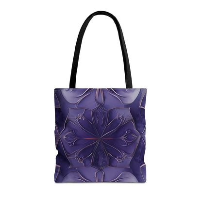 Violet Nebula canvas tote bag featuring deep purple abstract flower design with black handles