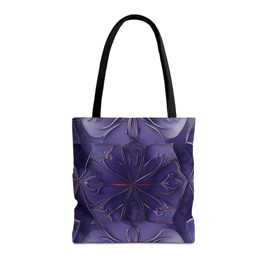 Violet Nebula canvas tote bag featuring deep purple abstract flower design with black handles
