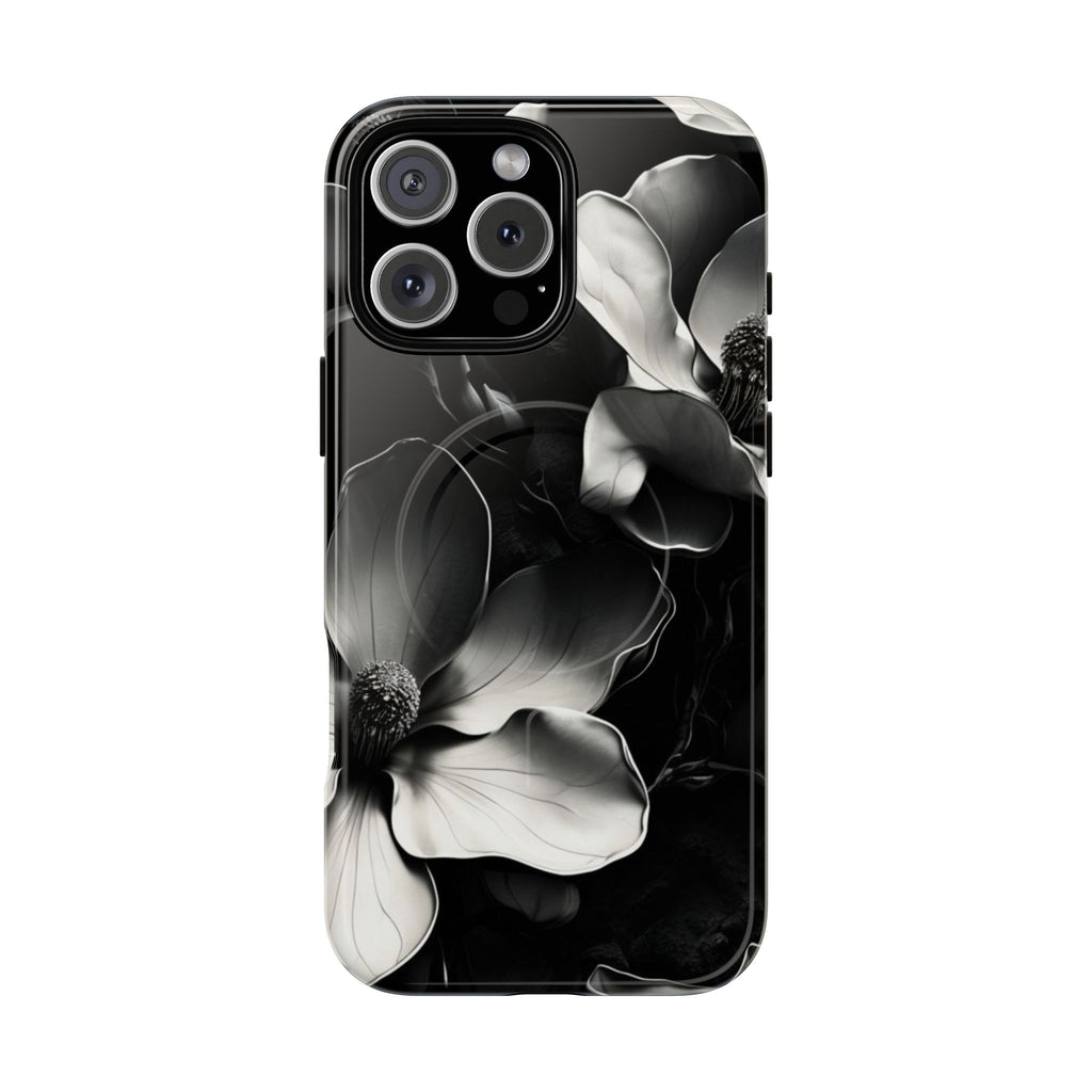 Monochrome Magnolia - Elegant Black & White Floral iPhone 16 Pro Max MagSafe Phone Case - Artistic Magnolia Design