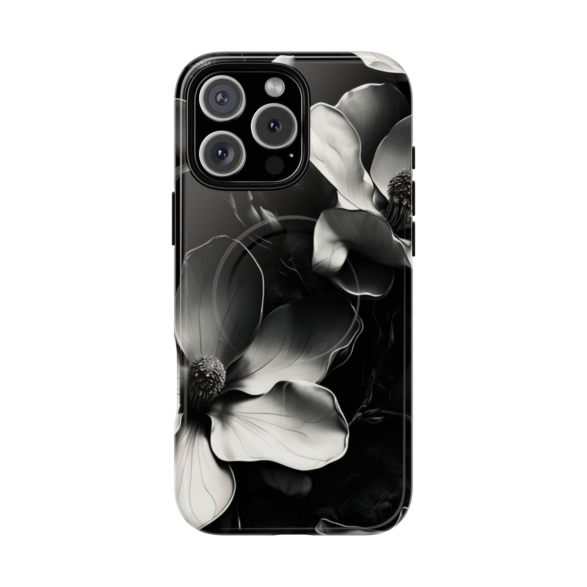 Monochrome Magnolia - Elegant Black & White Floral iPhone 16 Pro Max MagSafe Phone Case - Artistic Magnolia Design