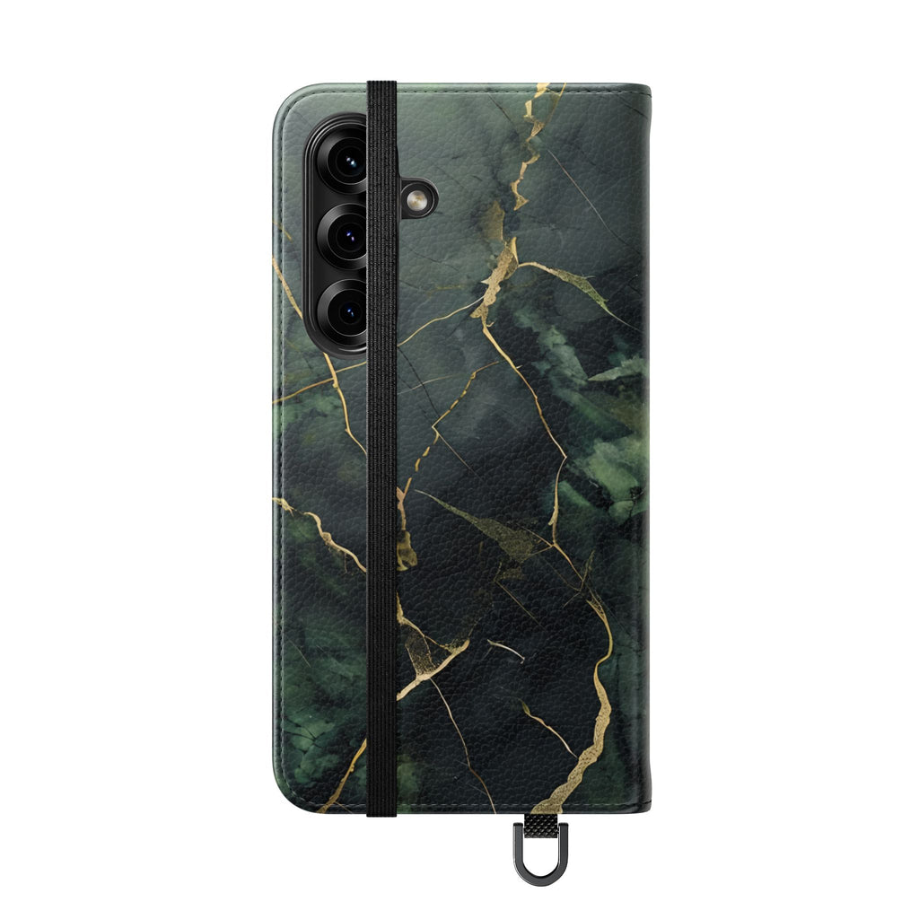 Verdant Vein - Flip Phone Case for Samsung Galaxy S25 - Green and Gold Marble Design