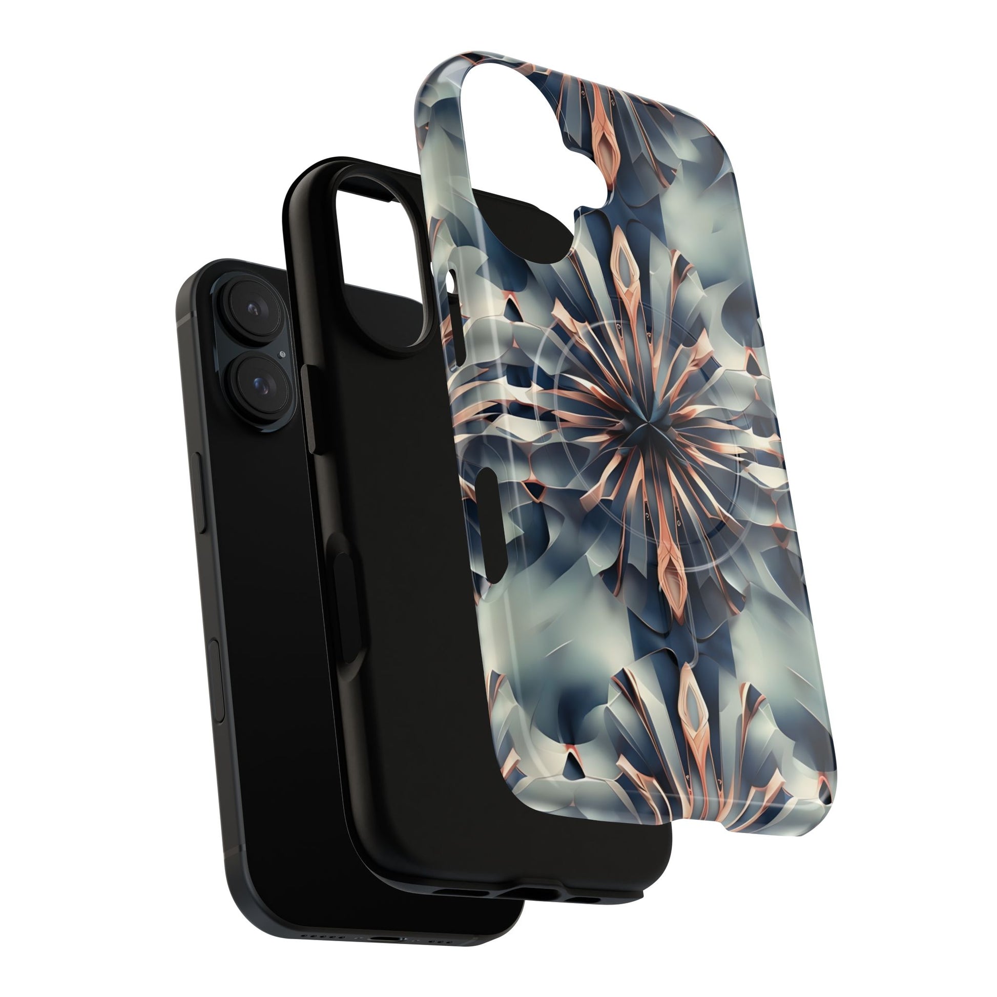 Obsidian Kaleidoscope Artistic Floral Burst - iPhone 16 MagSafe Phone Case -Blue, Peach and Silver Symmetrical Design