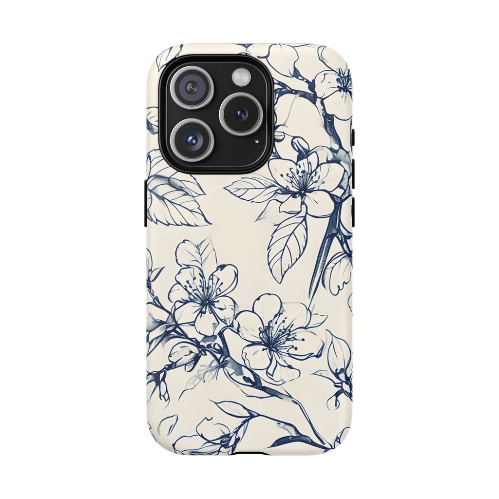 Blossom Sketch - Artistic Blue Floral - iPhone 15 Pro MagSafe Phone Case - Hand-Drawn Botanical Design
