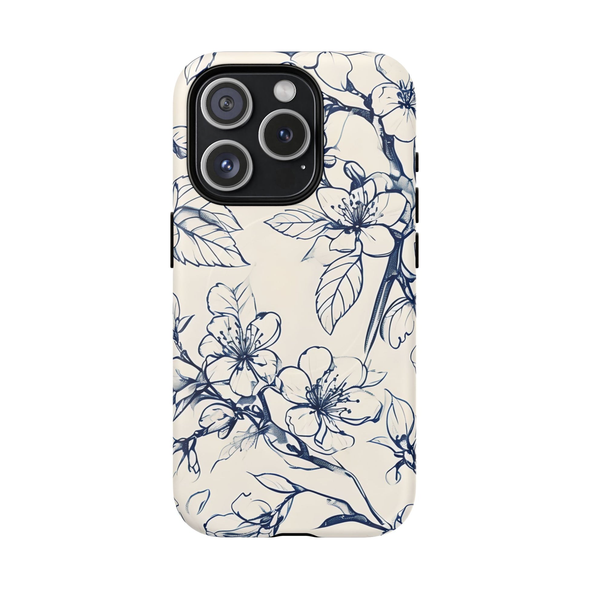 Blossom Sketch - Artistic Blue Floral - iPhone 15 Pro MagSafe Phone Case - Hand-Drawn Botanical Design