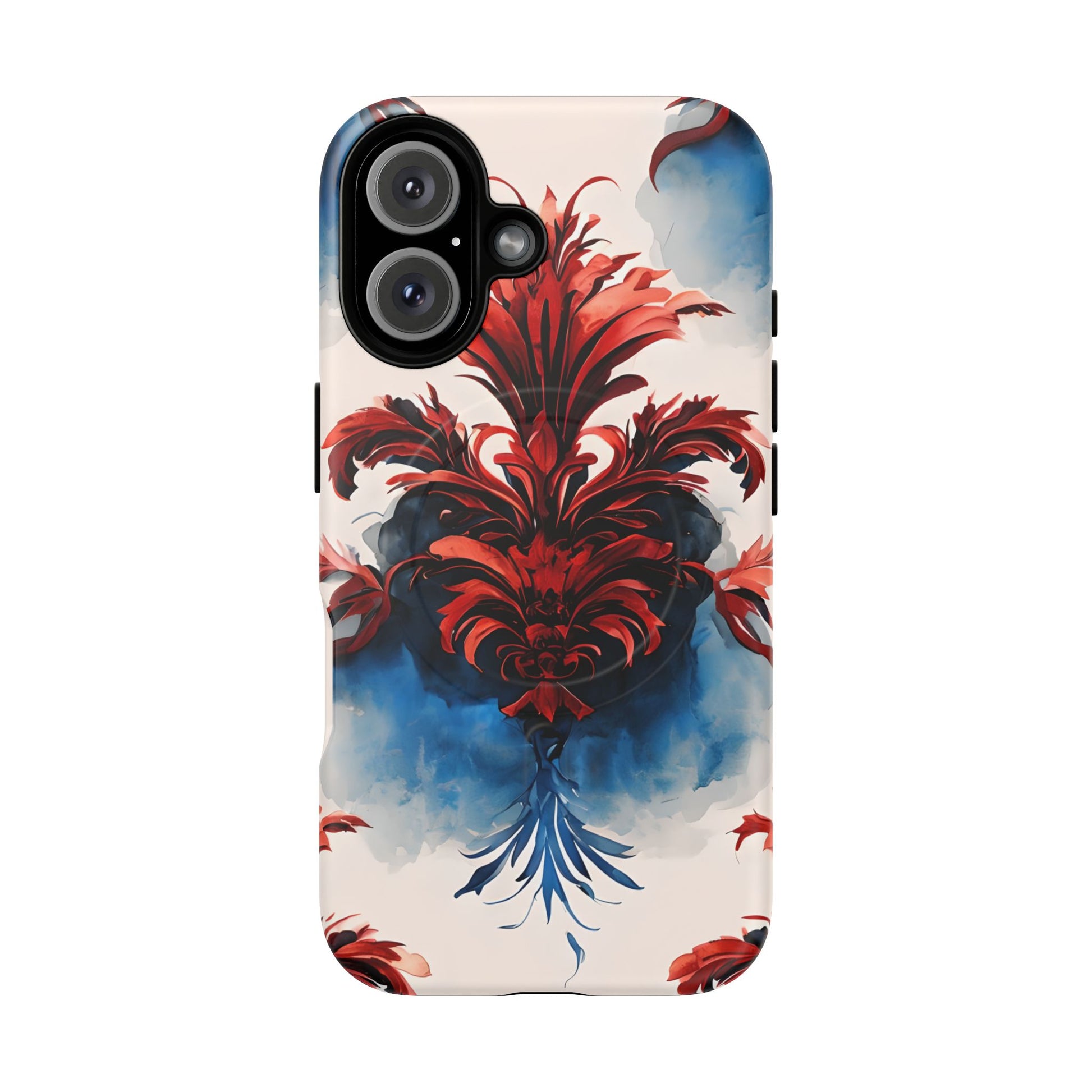 Crimson Plume - Bold Artistic Feather iPhone 16 MagSafe Phone Case - Dramatic Red & Blue Design