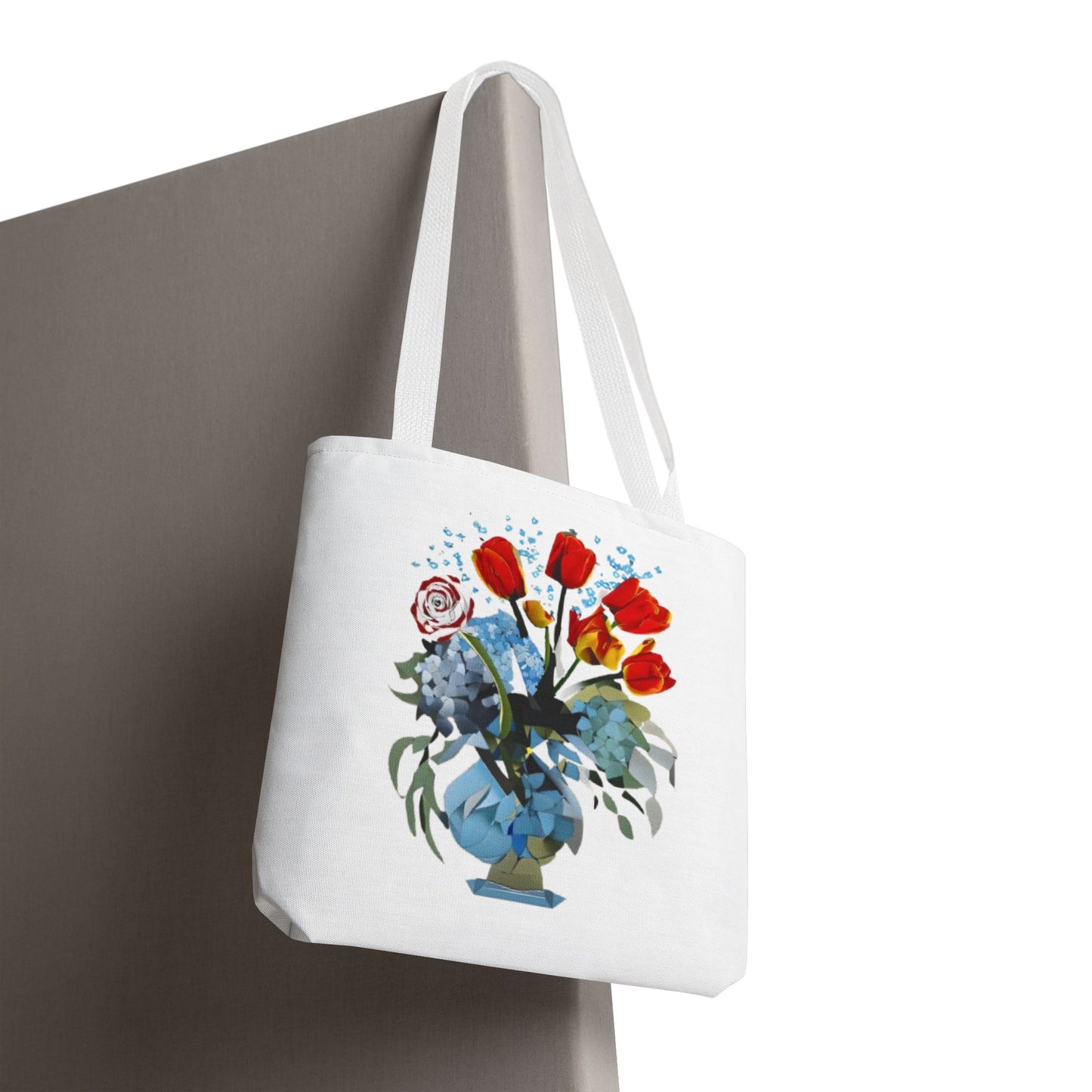 Bouquet Brilliance Tote (16x16 & 18x18)- Vibrant Red Tulips and Blue Porcelain Vase on White Canvas, Reusable & Eco-Friendly