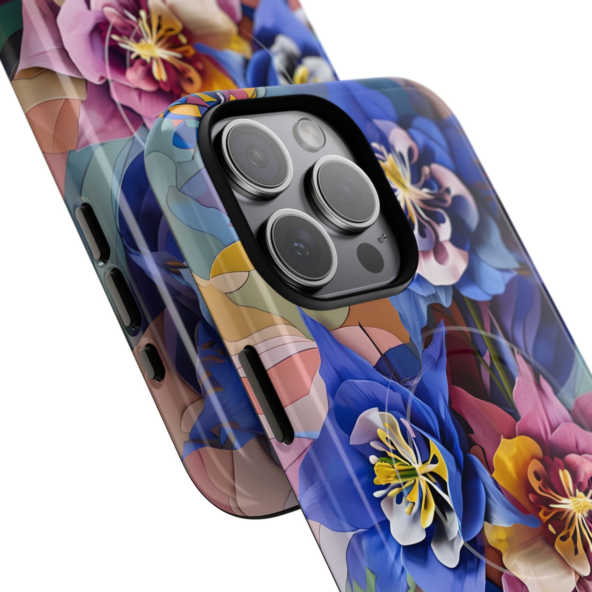 Blue Columbine Carnivale - Artistic Floral & Butterfly iPhone 15 Pro Max MagSafe Phone Case - Vibrant Botanical Design