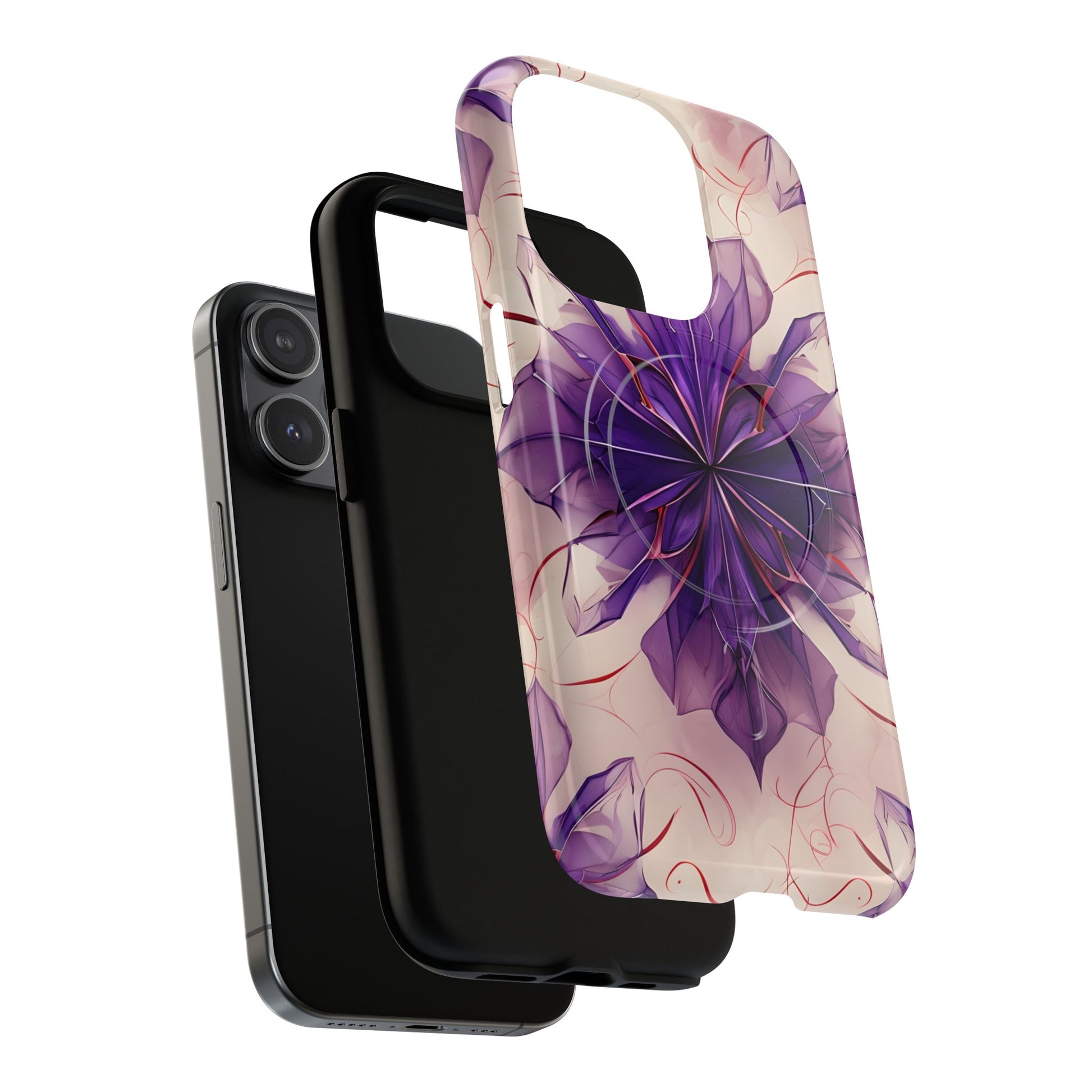 Violet Reverie - Kaleidoscope Collection Artistic Floral Burst - iPhone 15 Pro MagSafe Phone Case - Bold Purple Symmetrical Design