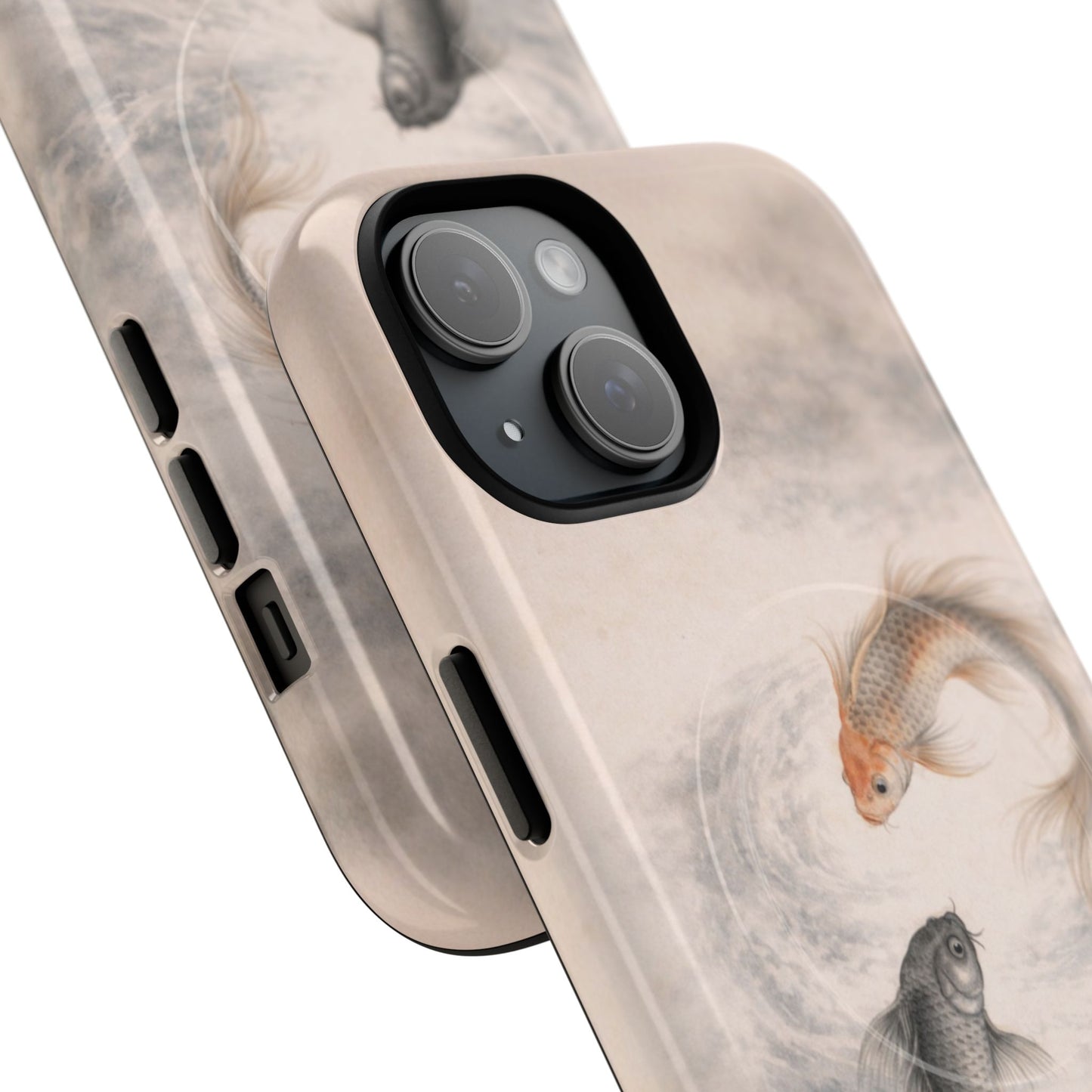 Close view of Minimalist koi fish iPhone case detail, Japanese-inspired orange and black koi illustration on soft neutral background, sleek protective phone cover