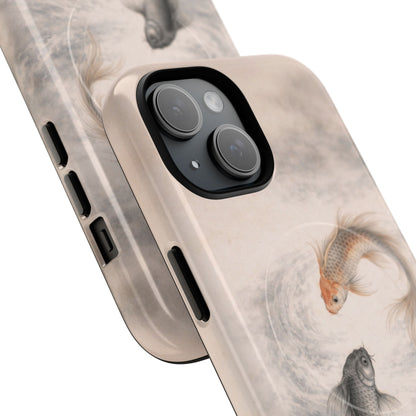 Close view of Minimalist koi fish iPhone case detail, Japanese-inspired orange and black koi illustration on soft neutral background, sleek protective phone cover