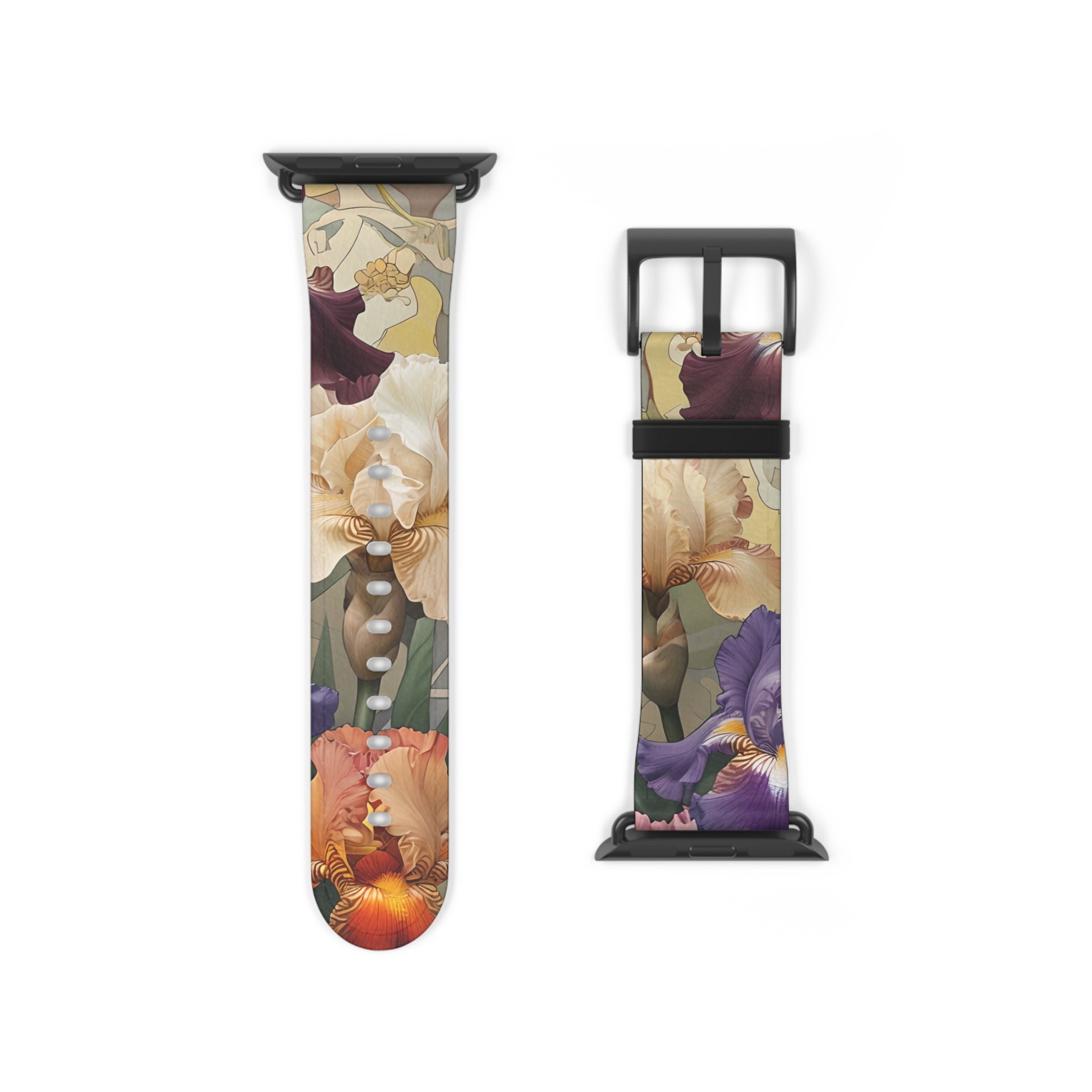 Iris Reverie Apple Watch band strap with black clasp displaying colorful iris floral design with purple and gold accents