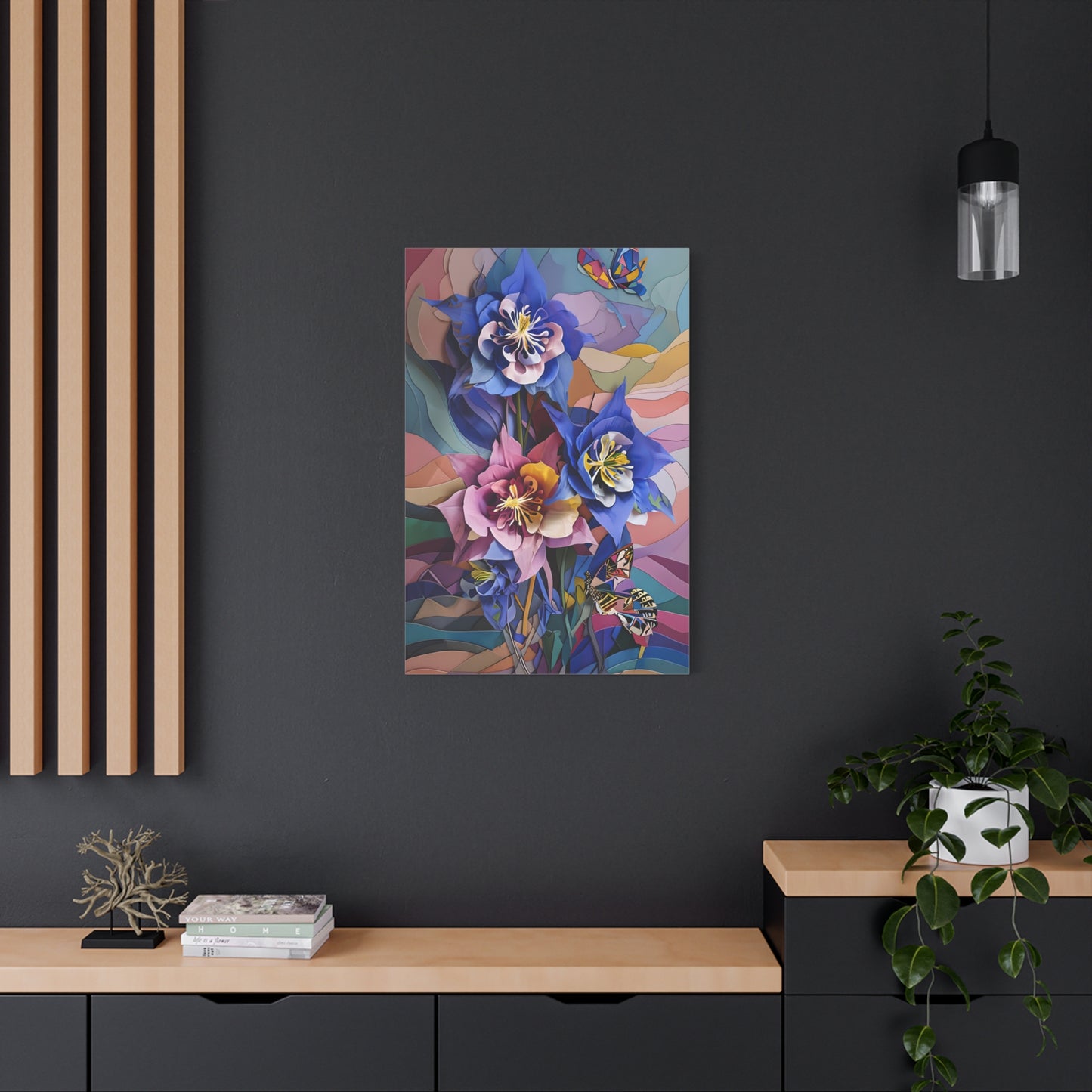 Blue Columbine Carnivale wall art canvas displayed on a dark accent wall in a modern living room