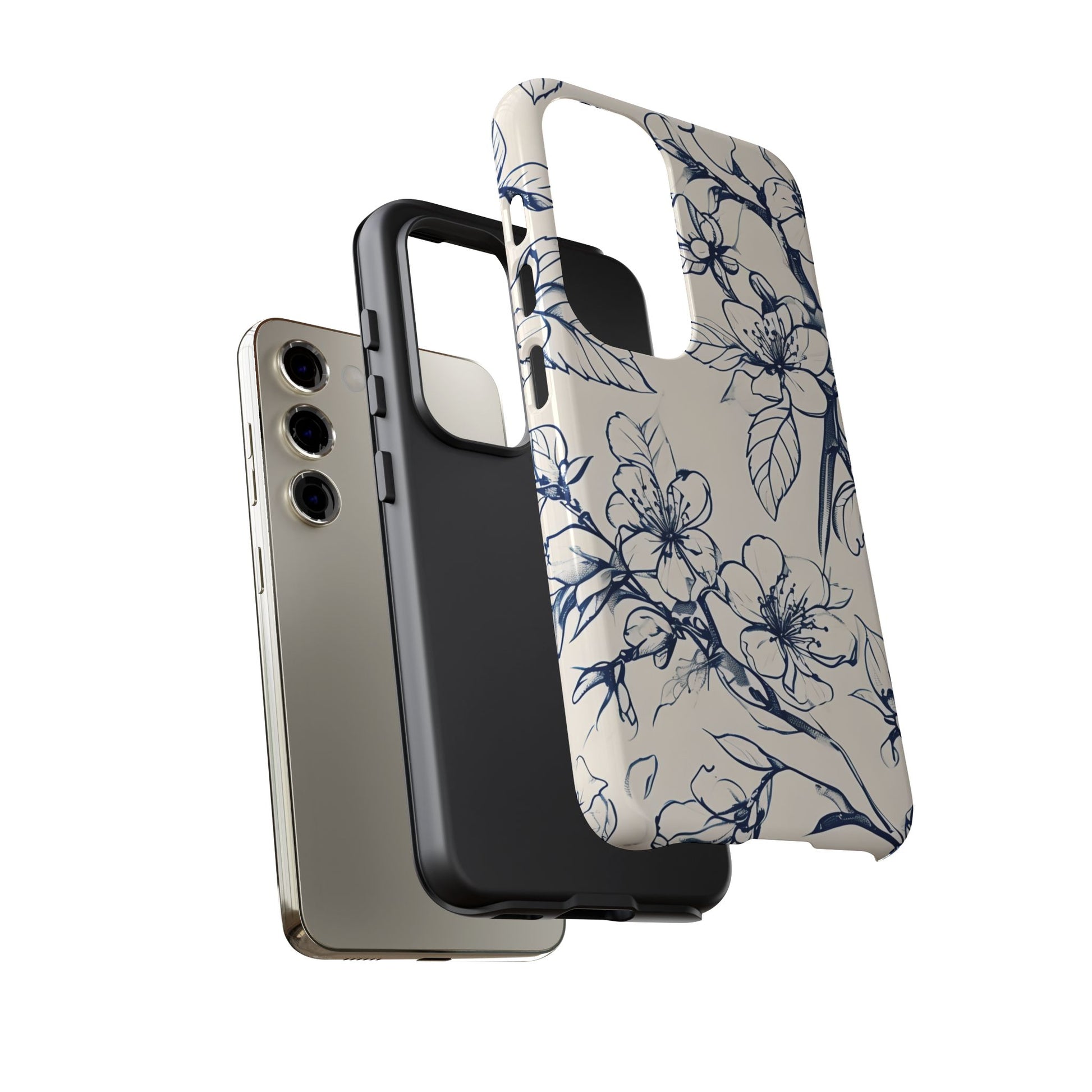 Blossom Sketch - Artistic Blue Floral Samsung Galaxy S23 Tough Phone Case - Hand-Drawn Botanical Design