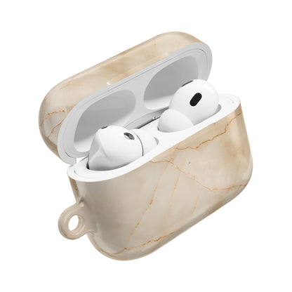 Parchment Mist AirPods case open showing protective cover with soft marble and gold vein artwork