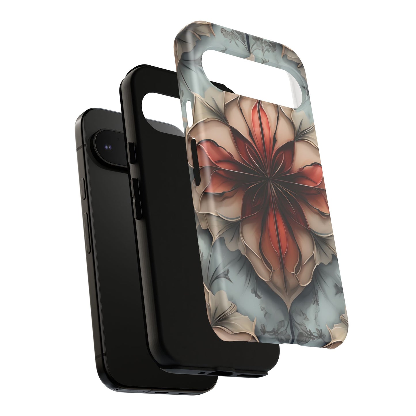 Ember Bloom - Kaleidoscope Collection Artistic Floral - Google Pixel Tough Phone Case - Fiery Symmetrical Design