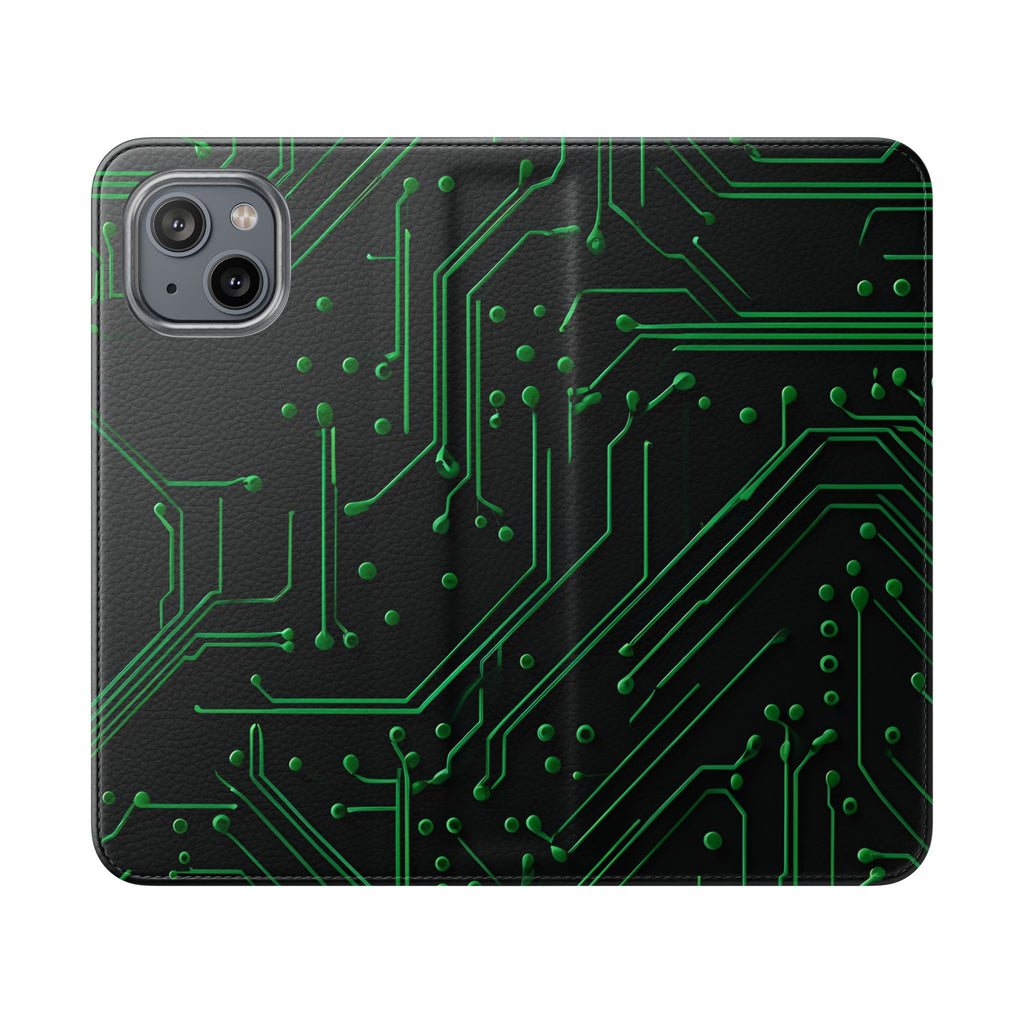 Green Circuit Grid Wallet Phone Case - Green & Black Computer Circuit Design - Flip Cover for iPhone 14