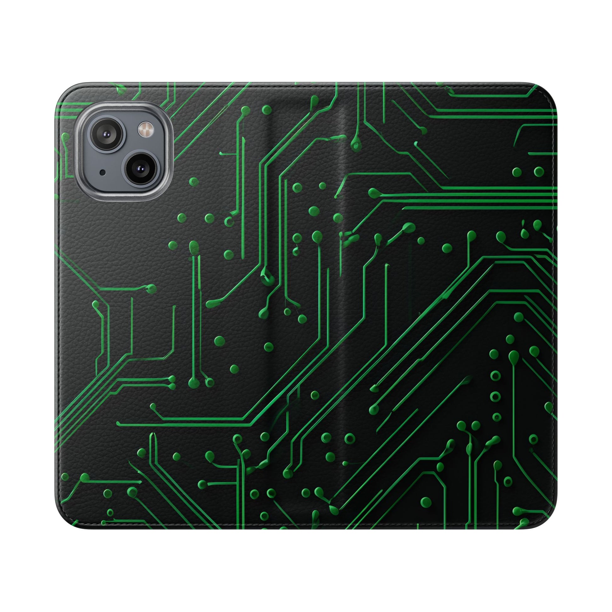 Green Circuit Grid Wallet Phone Case - Green & Black Computer Circuit Design - Flip Cover for iPhone 14