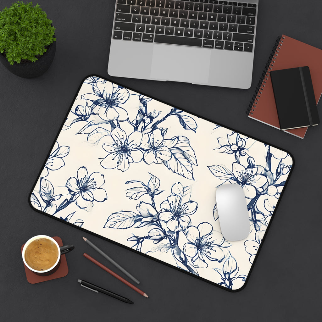 Blossom Sketch Designer Desk Mat - Premium Office Desk Pad, 3 Sizes Available, Blue Floral Botanical Workspace Protection
