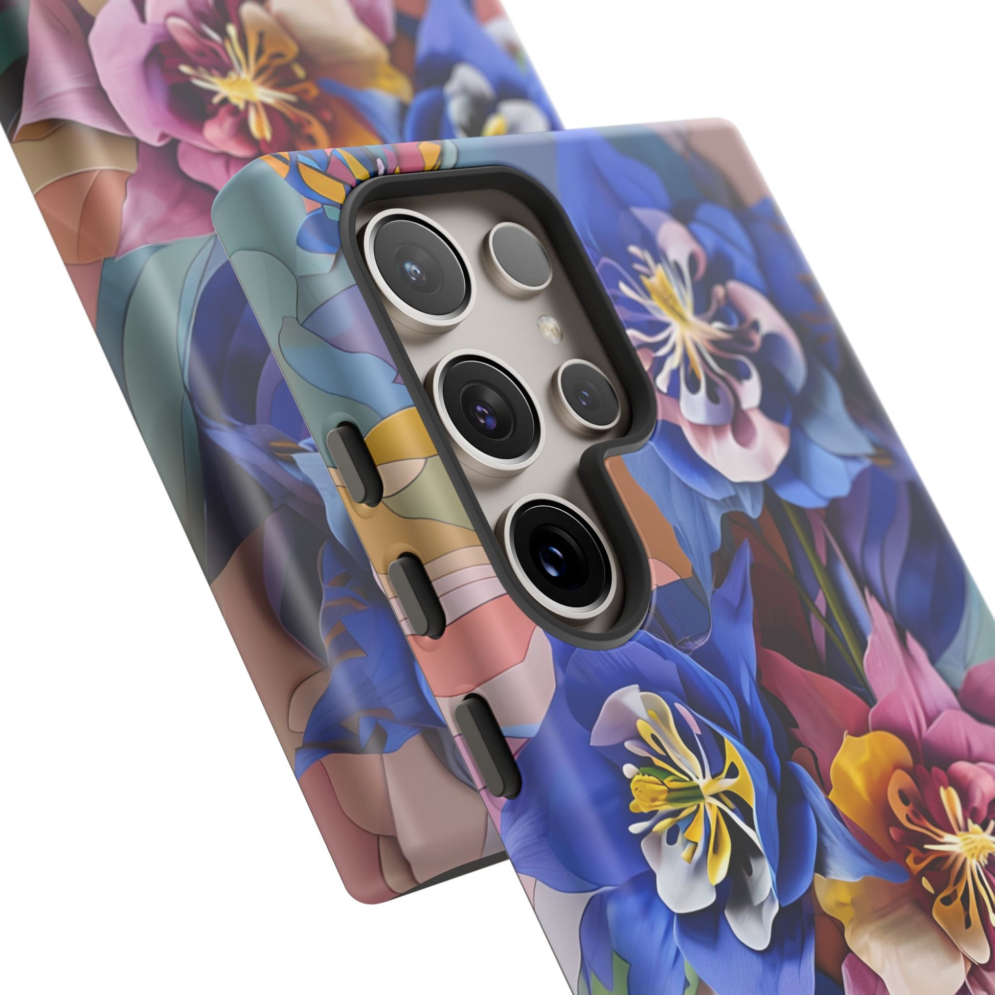 Blue Columbine Carnivale - Artistic Floral & Butterfly Samsung S24 Ultra Tough Phone Case - Vibrant Botanical Design