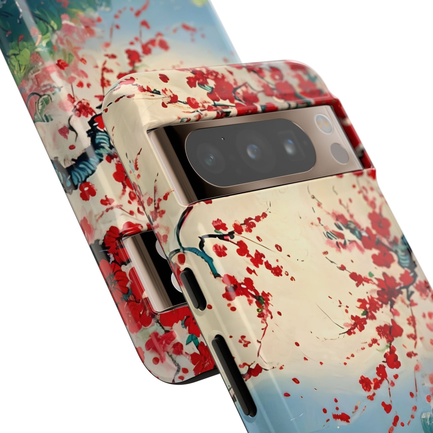 Crimson Blossom Lake - Artistic Floral Landscape Google Pixel 6 Tough Phone Case - Red Cherry Blossoms & Serene Lake Design