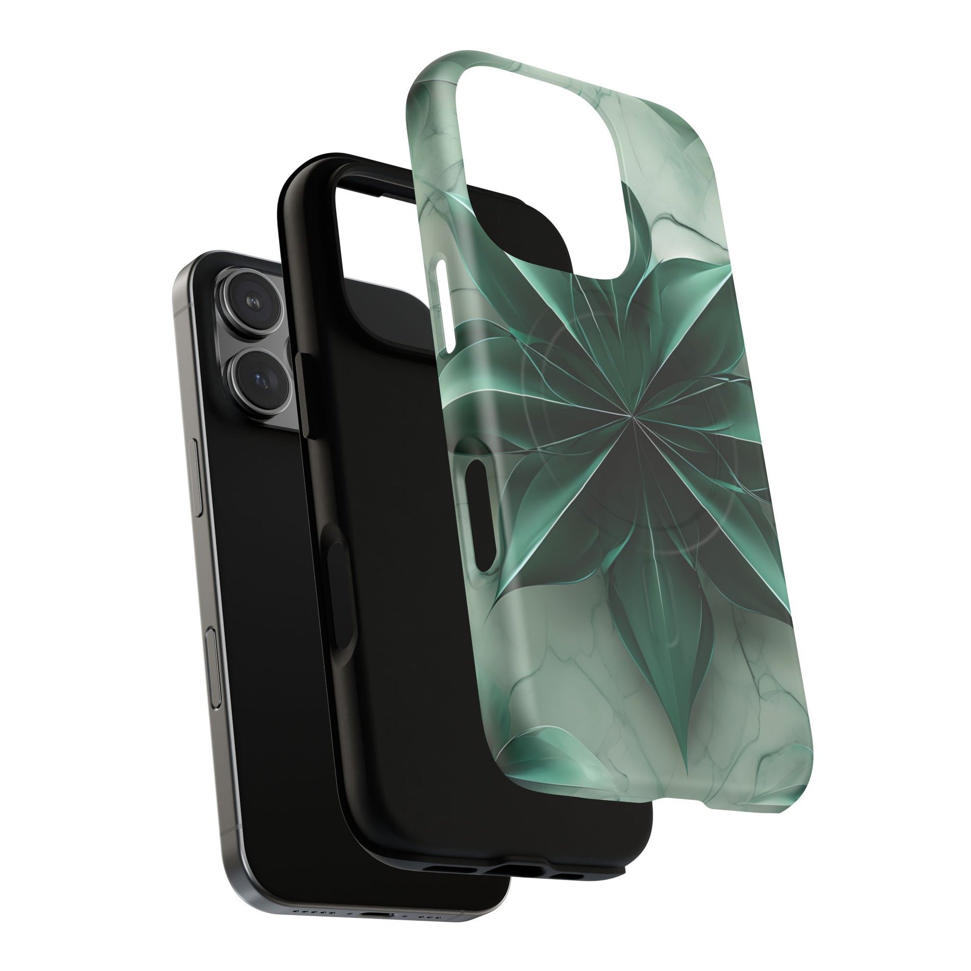 Emerald Bloom iPhone 16 Pro MagSafe Phone Case -Modern Symmetrical Floral Design, Green