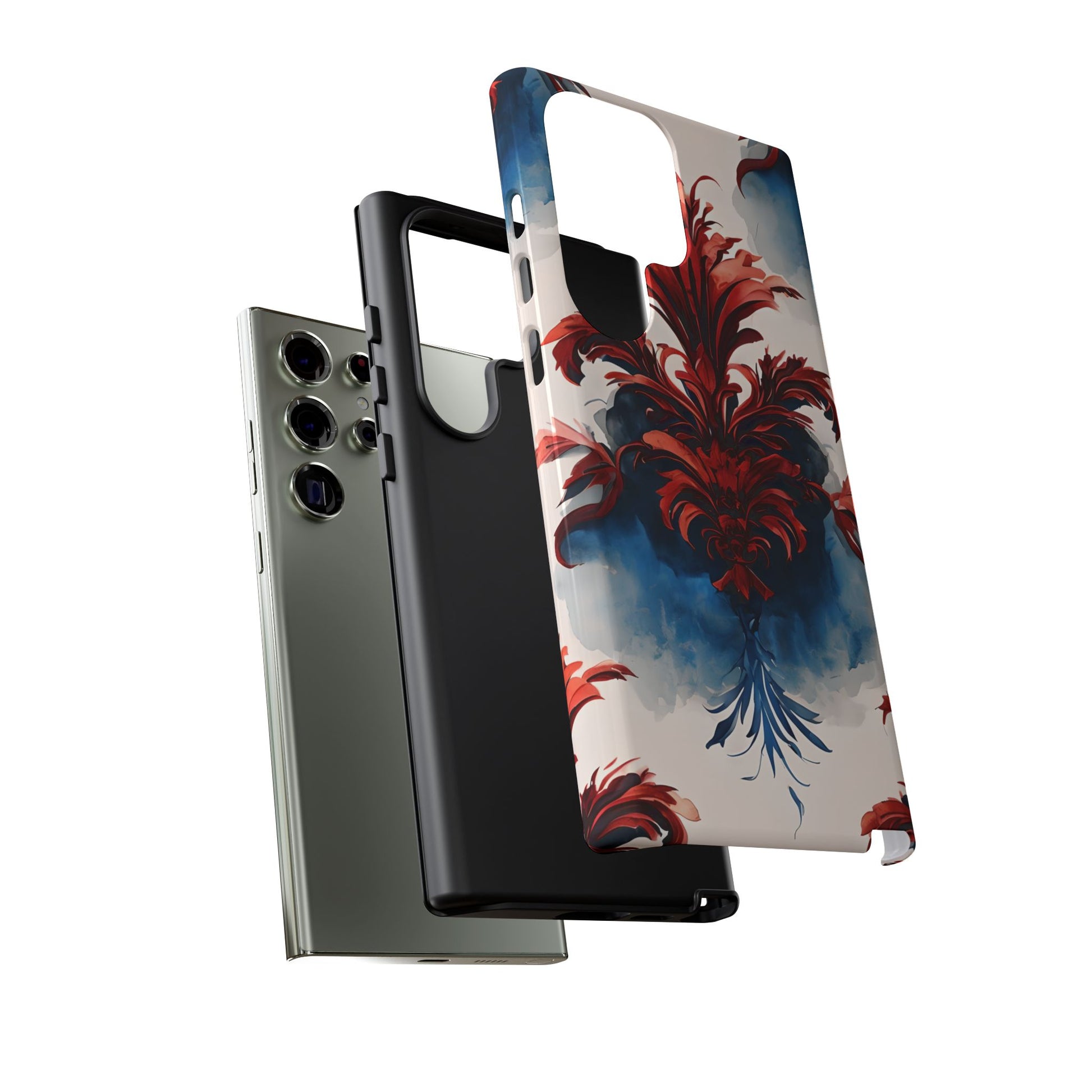 Crimson Plume - Bold Artistic Feather Samsung Galaxy S23 Ultra Tough Phone Case - Dramatic Red & Blue Design