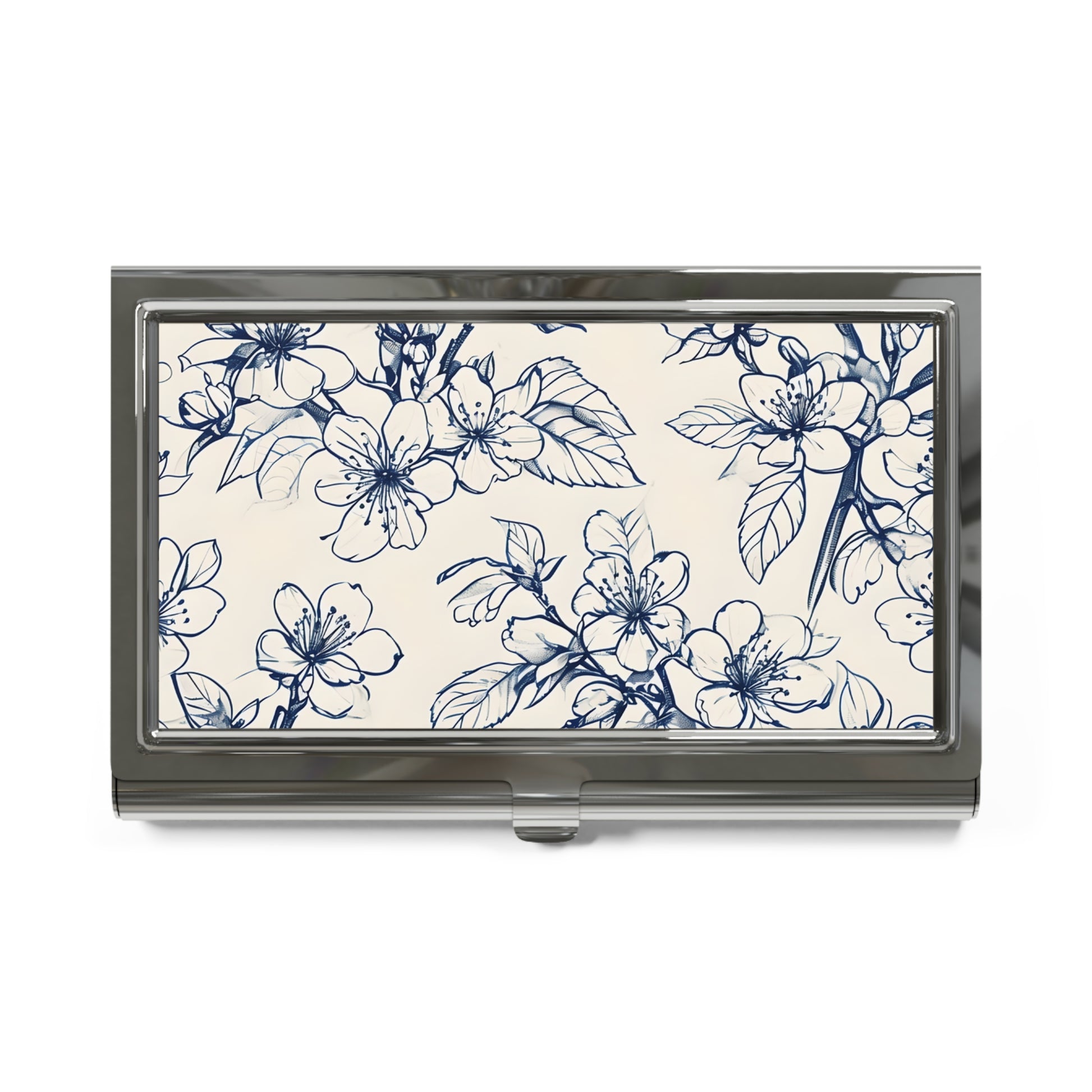 Blossom Sketch blue floral line art business card holder closed top view