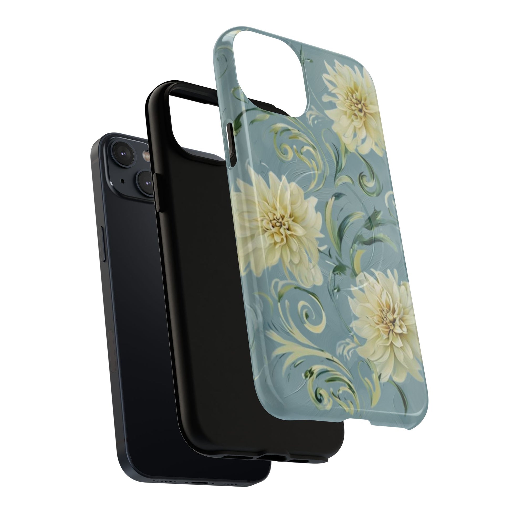 Golden Dahlia Trio - Elegant Floral iPhone 14 Plus MagSafe Phone Case - Artistic White & Blue Dahlia Design