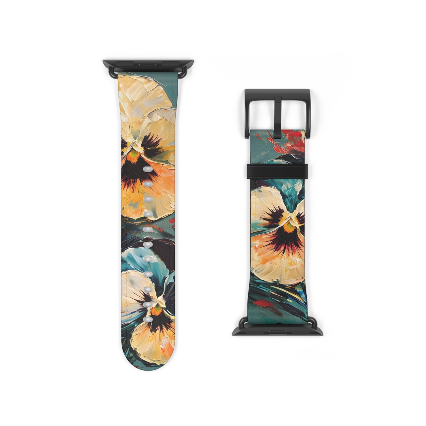 Golden Pansy Cascade Apple Watch band strap with pansy flower artwork and black clasp