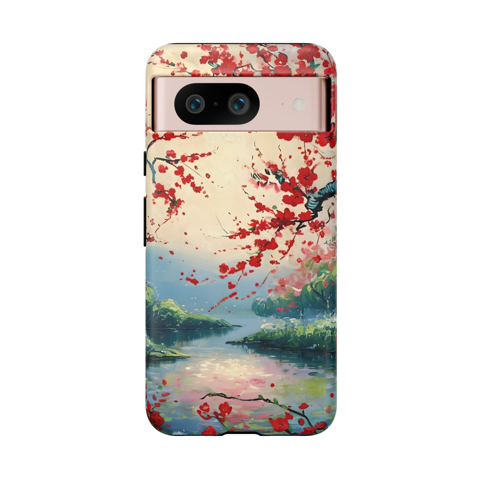 Crimson Blossom Lake - Artistic Floral Landscape Google Pixel 8 Tough Phone Case - Red Cherry Blossoms & Serene Lake Design