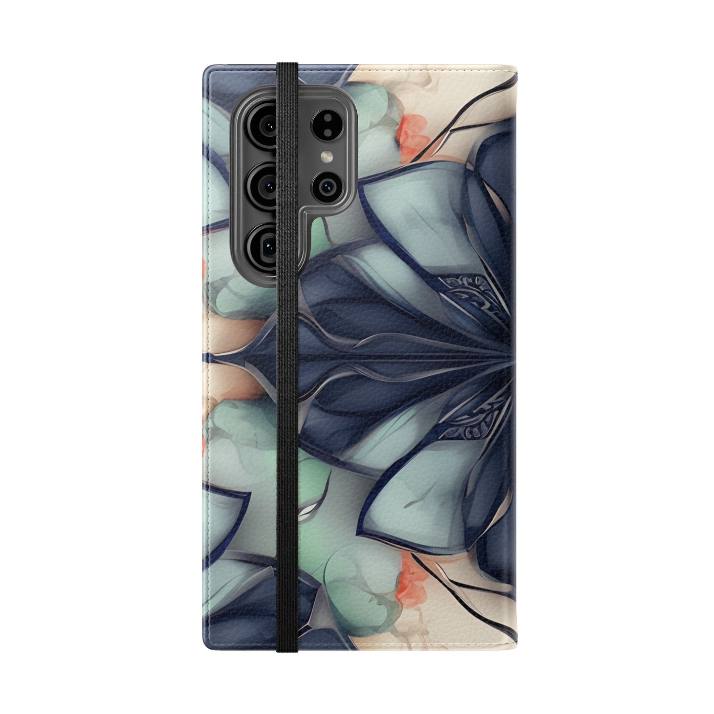 Midnight Mosaic Samsung Galaxy wallet flip phone case showing symmetrical floral mosaic folio cover design