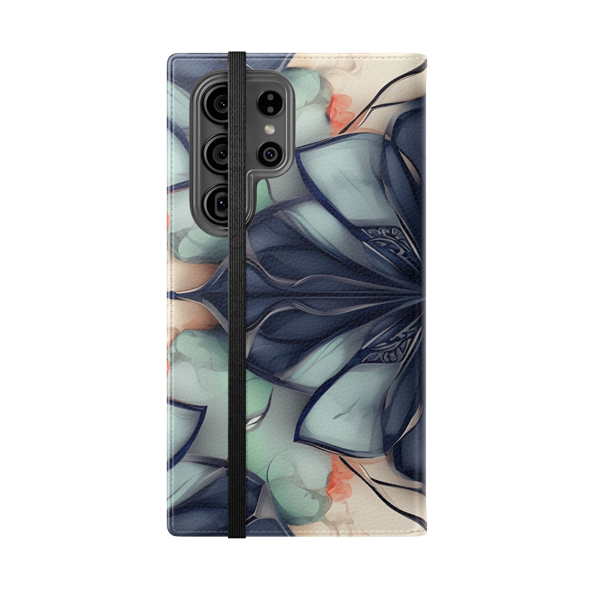 Midnight Mosaic Samsung Galaxy wallet flip phone case showing symmetrical floral mosaic folio cover design