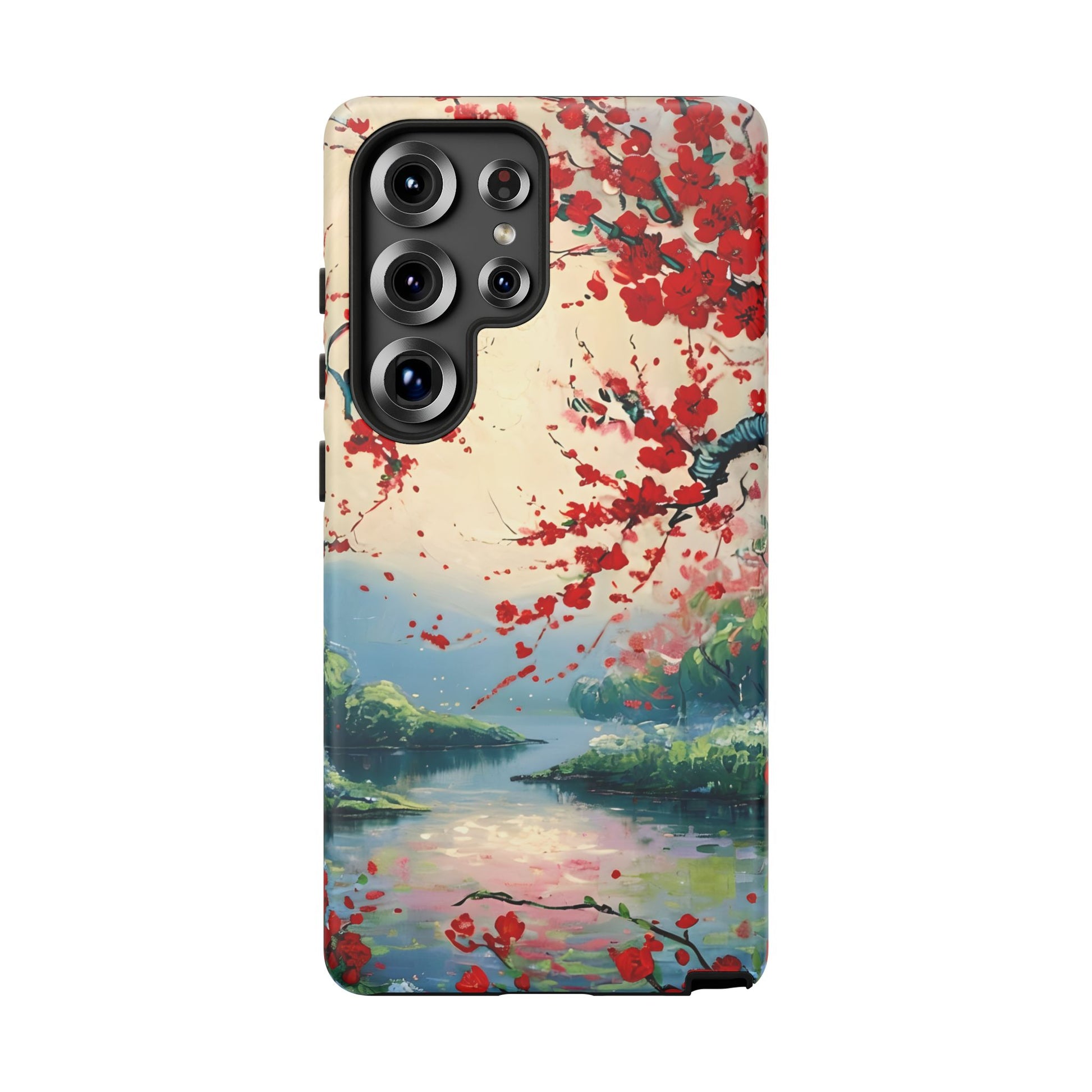Crimson Blossom Lake - Artistic Floral Landscape Samsung Galaxy S25 Ultra Tough Phone Case - Red Cherry Blossoms & Serene Lake Design