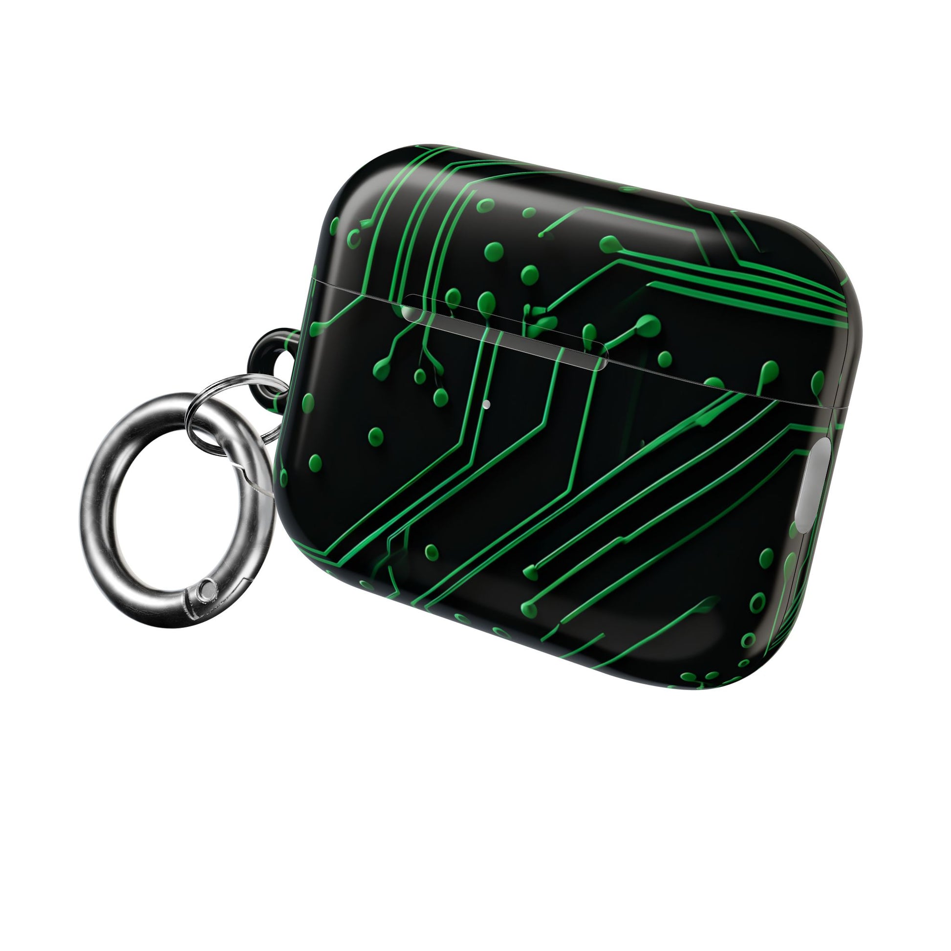 Green Circuit Grid AirPods protective case with circuit board design and attached carabiner clip