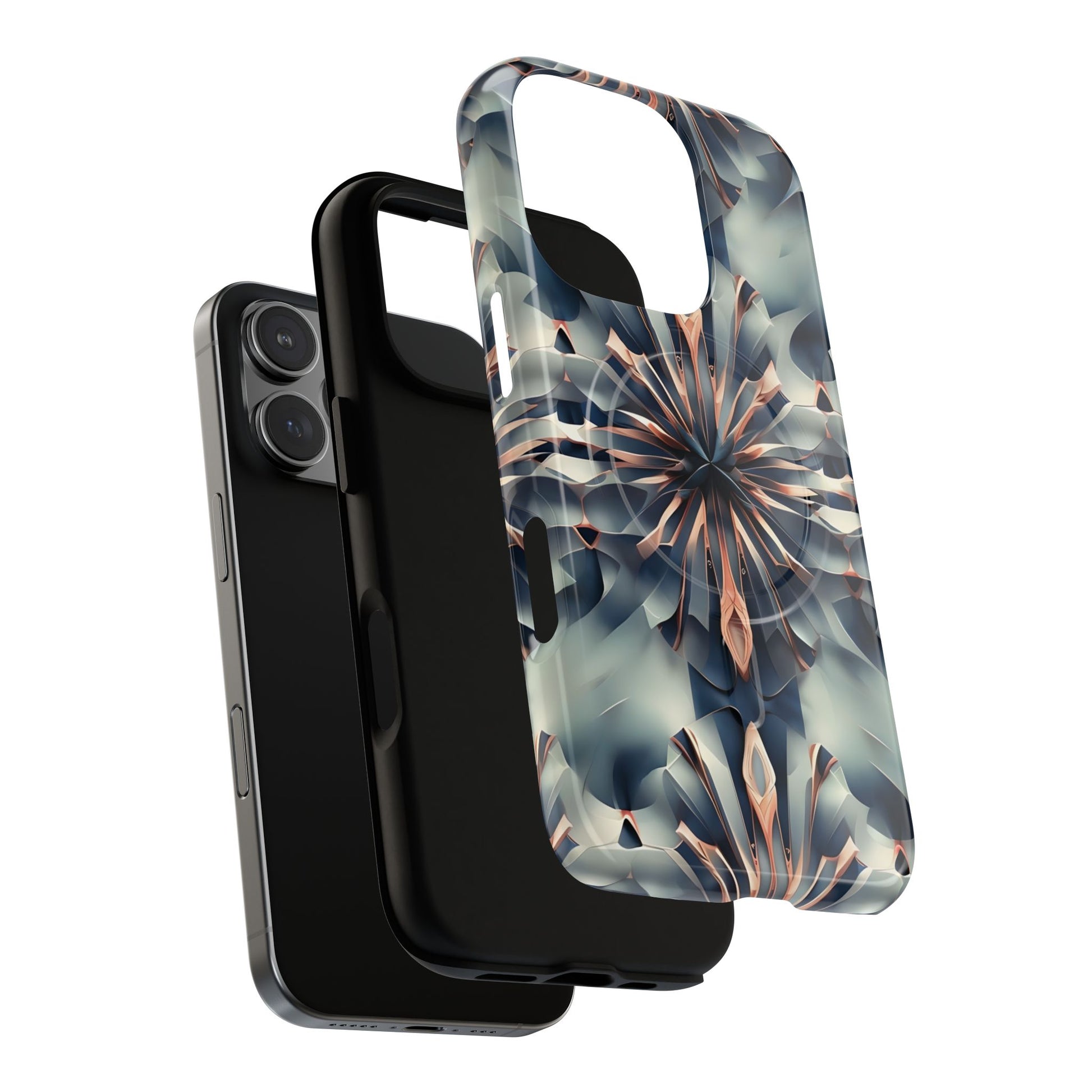 Obsidian Kaleidoscope Artistic Floral Burst - iPhone 16 Pro MagSafe Phone Case -Blue, Peach and Silver Symmetrical Design