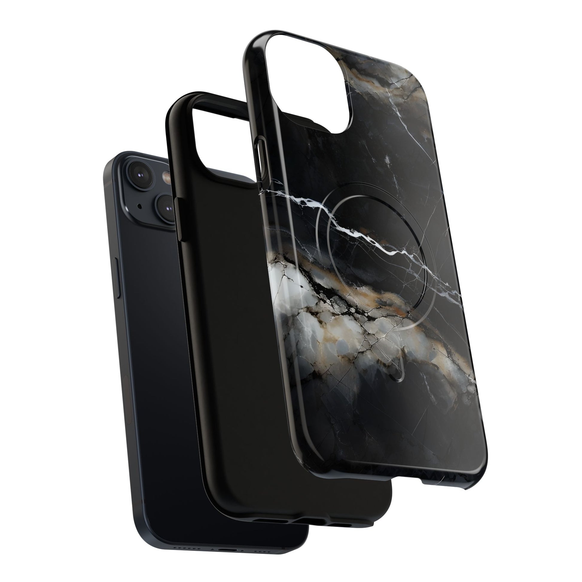 Obsidian Vein iPhone 14 Plus MagSafe Phone Case -Black Neutral Marble Design