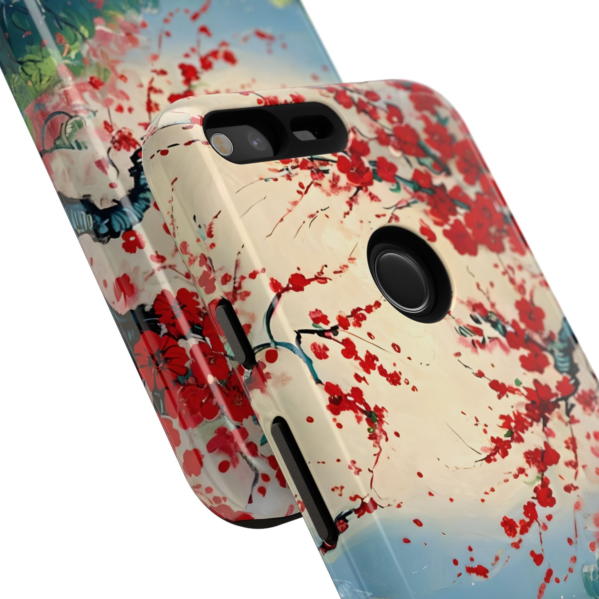 Crimson Blossom Lake - Artistic Floral Landscape Google Pixel XL Tough Phone Case - Red Cherry Blossoms & Serene Lake Design