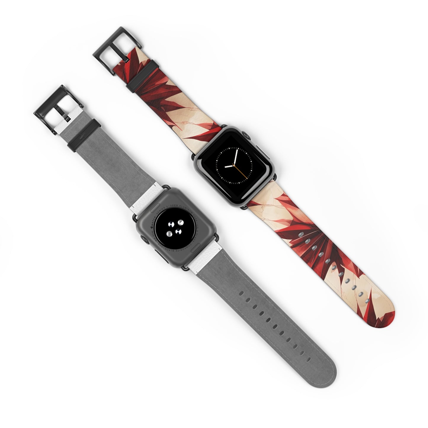 Ruby Compass Apple Watch bands shown on two watches front and back highlighting geometric compass star pattern in ruby red
