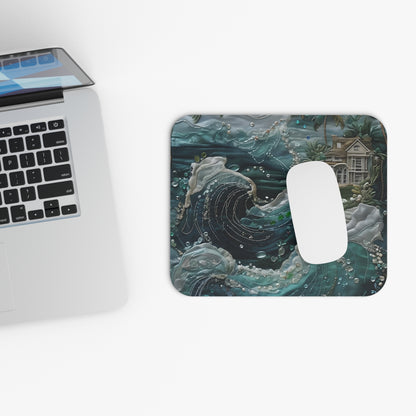 Tropical Midnight Wave mouse pad beside laptop displaying midnight wave artwork