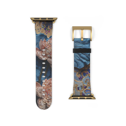 Peony Midnight Tapestry Apple Watch band floral tapestry design shown with gold clasp