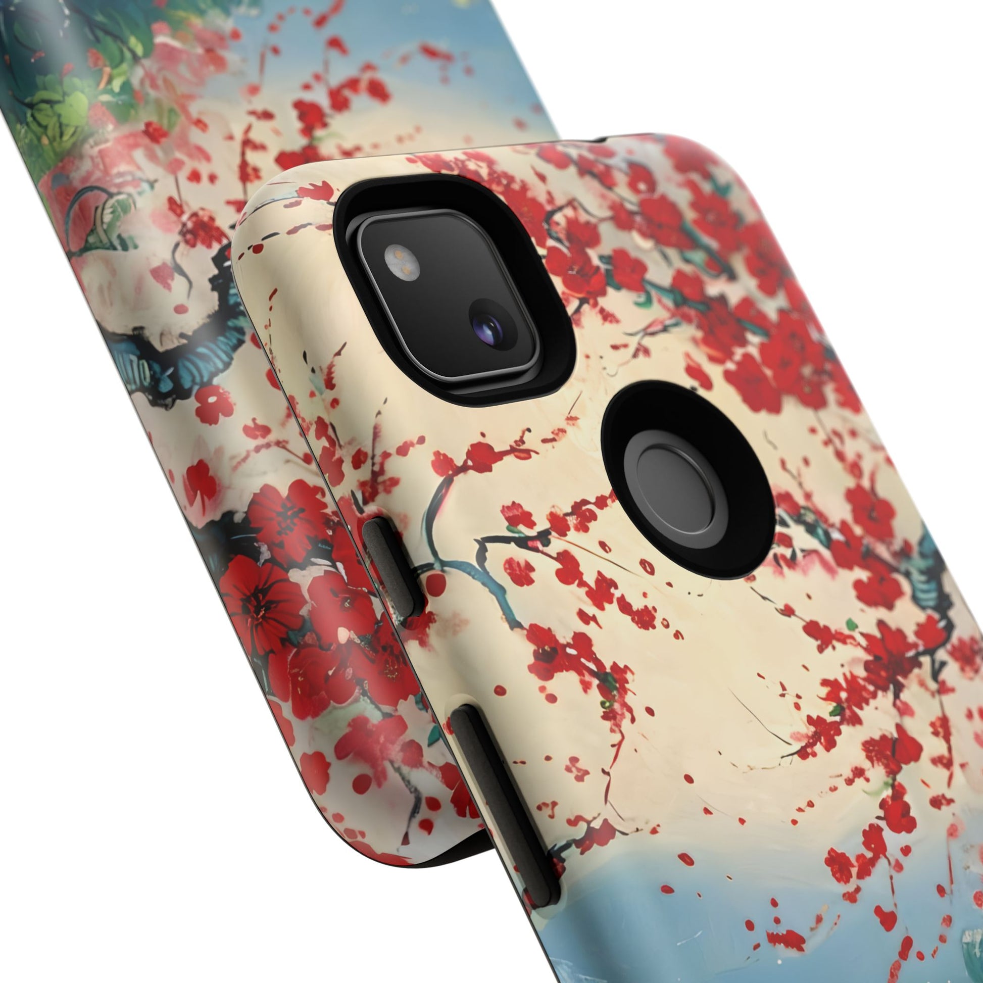 Crimson Blossom Lake - Artistic Floral Landscape Google Pixel 4a Tough Phone Case - Red Cherry Blossoms & Serene Lake Design