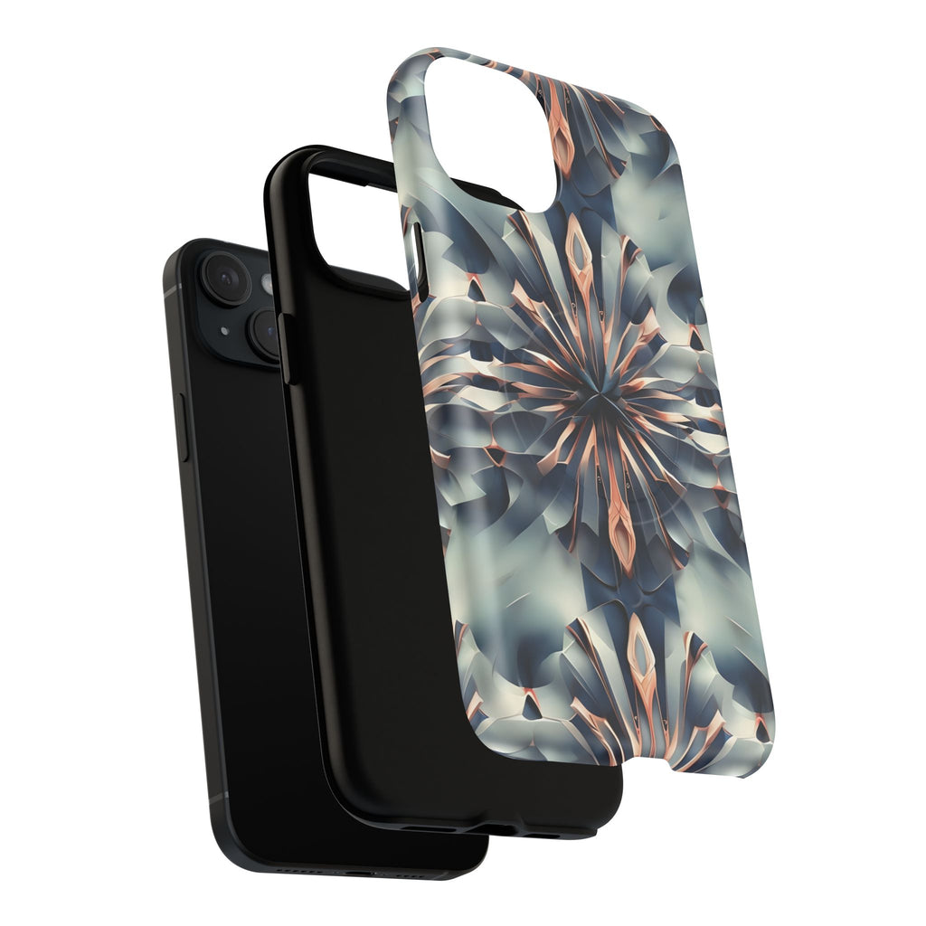 Obsidian Kaleidoscope Artistic Floral Burst - iPhone 15 Plus MagSafe Phone Case -Blue, Peach and Silver Symmetrical Design