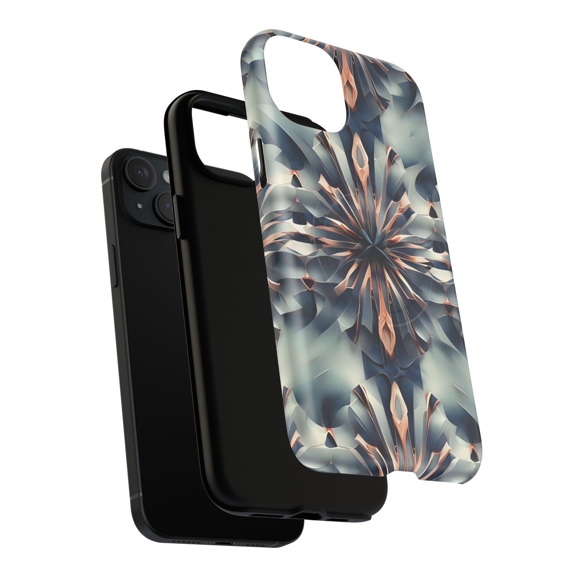 Obsidian Kaleidoscope Artistic Floral Burst - iPhone 15 Plus MagSafe Phone Case -Blue, Peach and Silver Symmetrical Design