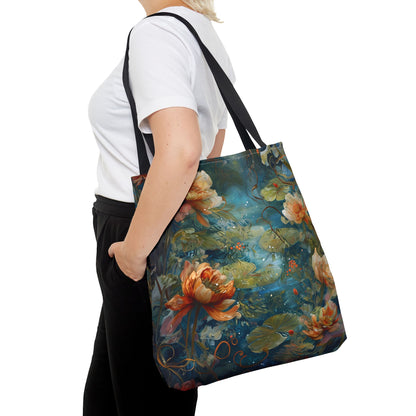 Waterlily Nocturne Canvas Tote Bag (16x16 & 18x18)- Premium Navy Handle Designer Tote, Artistic Eco-Friendly Shopping Bag