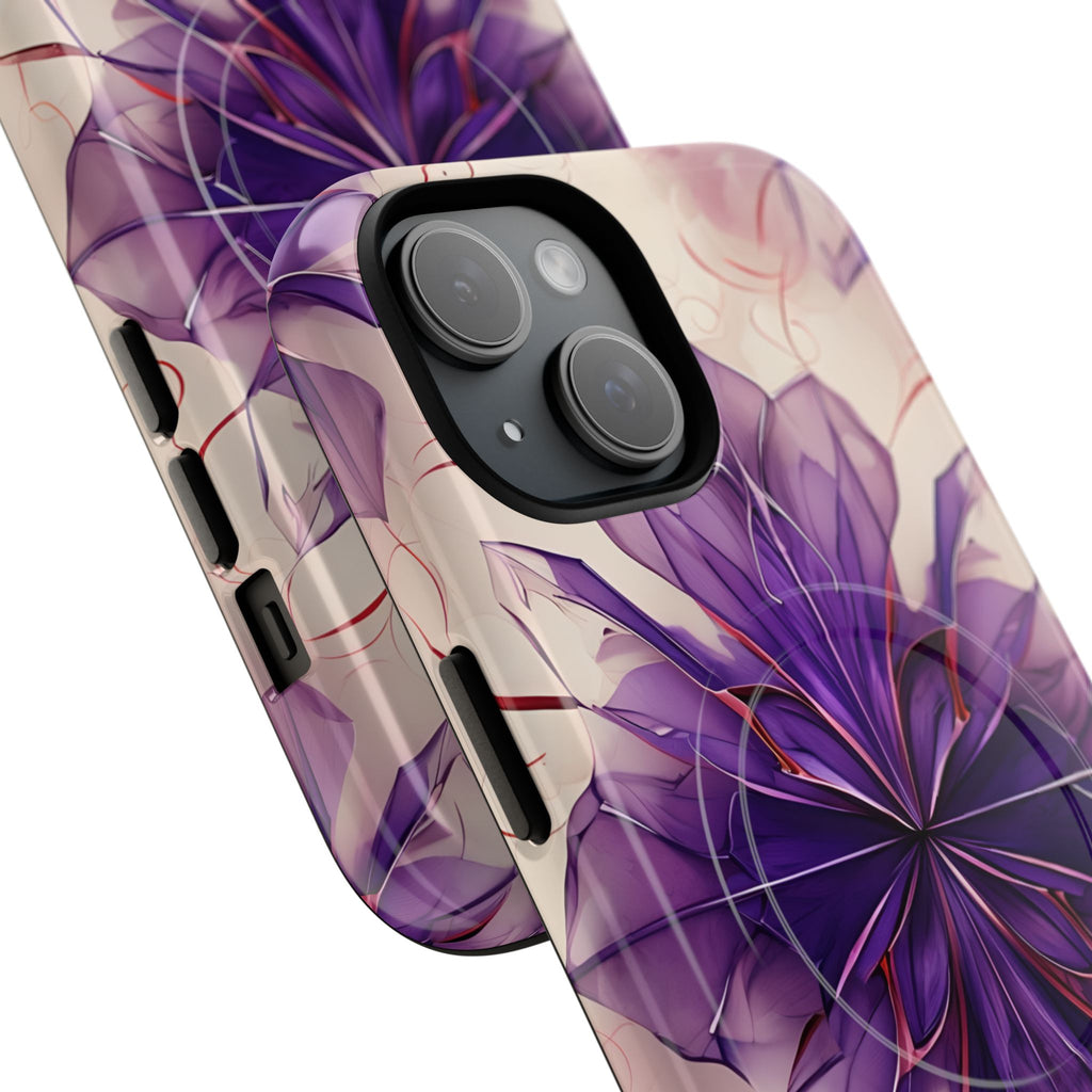Violet Reverie - Kaleidoscope Collection Artistic Floral Burst - iPhone 15 MagSafe Phone Case - Bold Purple Symmetrical Design