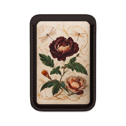 Vintage Burgundy Rose MagSafe card holder with burgundy rose botanical illustration on black magnetic wallet.