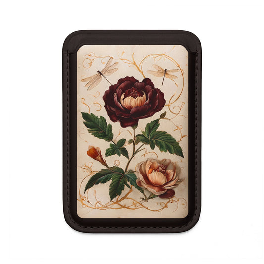 Vintage Burgundy Rose MagSafe card holder with burgundy rose botanical illustration on black magnetic wallet.